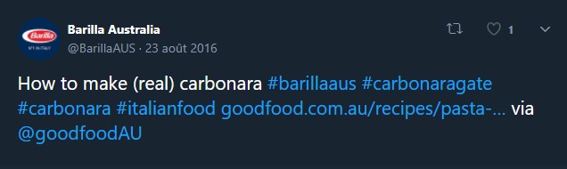 Barilla partage sur Twitter en août 2016, quelques mois après le #CarbonaraGate, une recette de « réelle carbonara ».