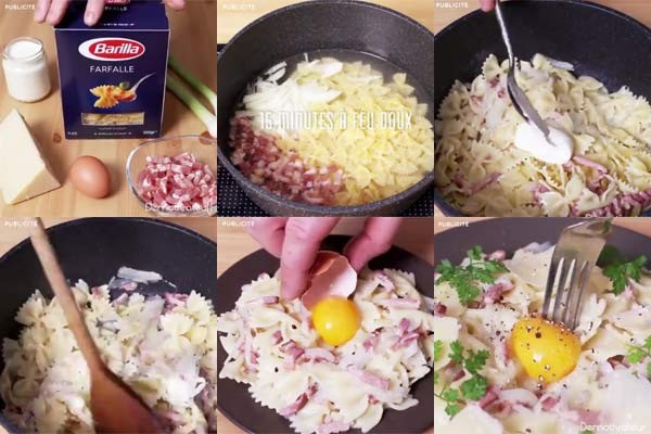 Des pâtes farfalle de la marque italienne Barilla, des lardons et des oignons sont cuits dans une même casserole. De la crème fraîche, un œuf, du fromage, du poivre et du persil sont ensuite ajoutés par-dessus. Images extraites de la vidéo de Démotivateur.