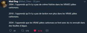 L’utilisateur @Mad_Chien remet la polémique sur la table en janvier 2018 avec un tweet ironique.
