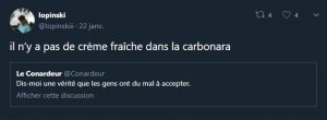 L’absence de crème fraîche dans la carbonara devient un lieu commun sur Internet, propice à l’ironie.