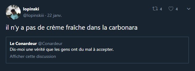 L’absence de crème fraîche dans la carbonara devient un lieu commun sur Internet, propice à l’ironie.