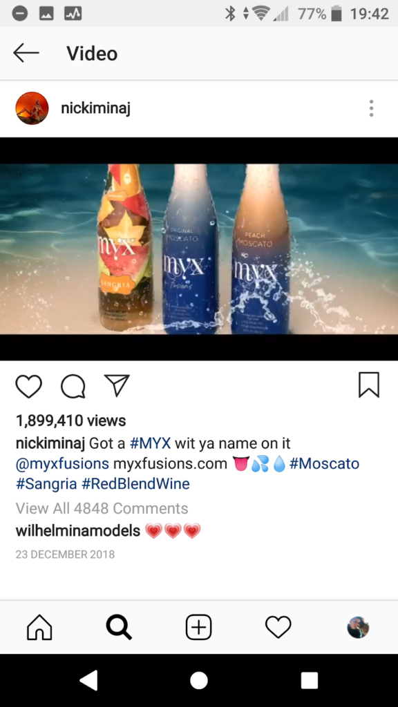 Capture d’écran d’une pub pour vin sur le compte Instagram de Nicki Minaj